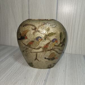 Vtg Cloisonne Floral Bird Art Vase Brass & Enamel Parrot Made In India Japanese